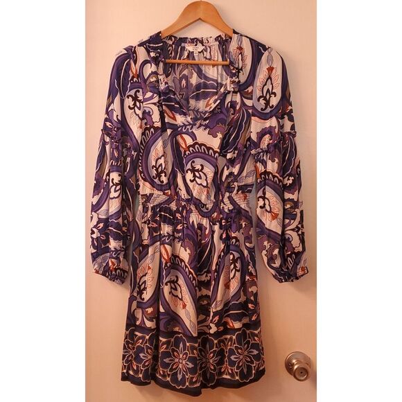 Crown & Ivy Dress Blue Paisley WOM XS Open Neck w/ Detailed Sleeves - Picture 9 of 12